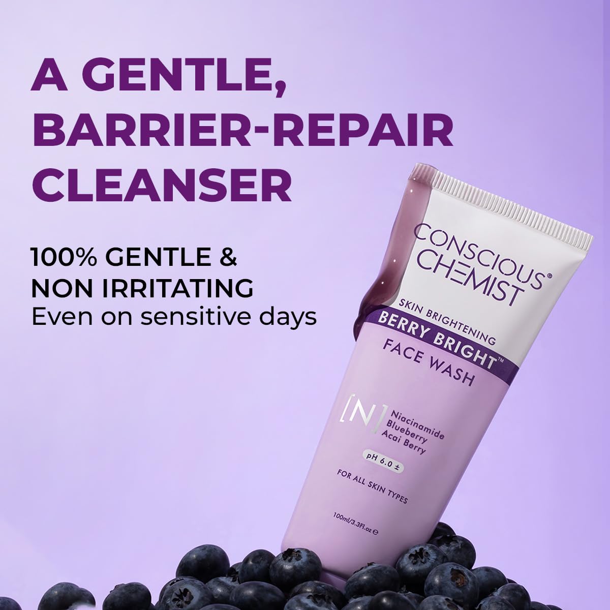 Tube of 'Conscious Chemist' face wash with blueberries on a purple background