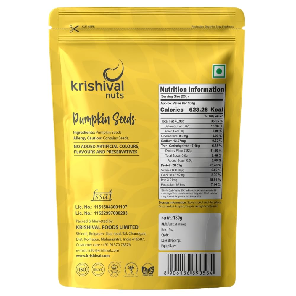 Krishival Pumpkin Seeds 180g, Healthy Raw Seeds, High Protein & Zinc, Diet Snack for Immunity & Weight Loss, Natural Superfood Seeds