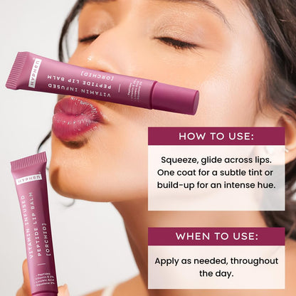 Lip balm packaging with application instructions on a close-up of a person's lips.