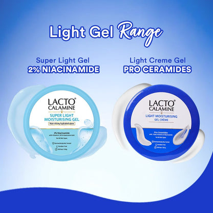 Two containers of Lacto Calamine gel products on a blue background with text indicating 'Light Gel Range'.