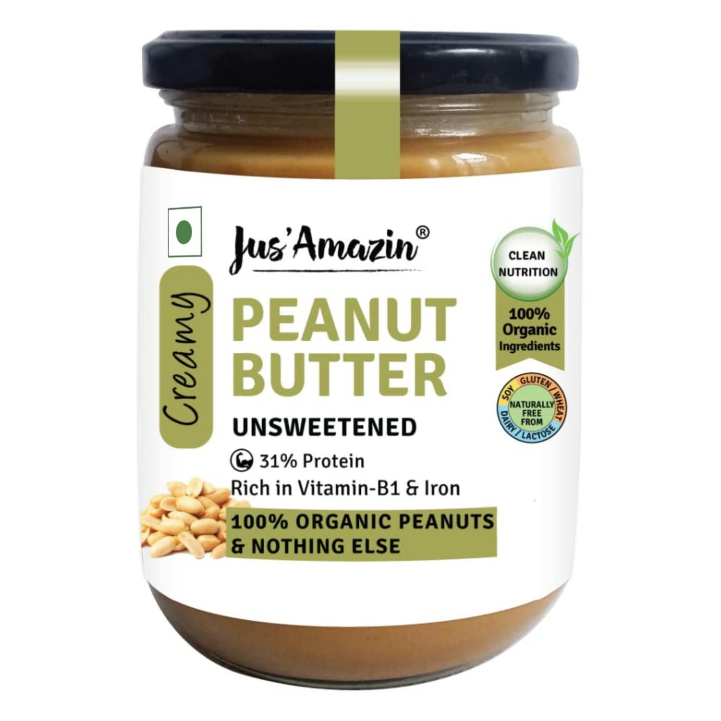 Jus' Amazin Creamy Organic Peanut Butter - Unsweetened | 31% Protein | Single Ingredient - 100% Organic Peanuts (no added Sugar/Salt) | Dairy Free | Keto | Clean Nutrition