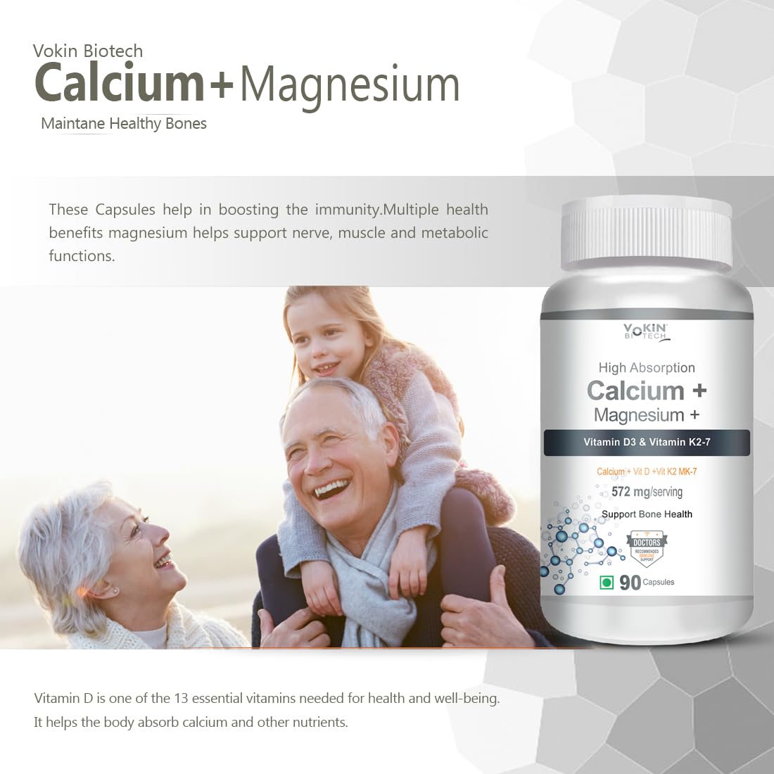 Vokin Biotech Calcium + Magnesium supplement bottle with family photo on a light gray background
