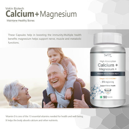 Vokin Biotech Calcium + Magnesium supplement bottle with family photo on a light gray background