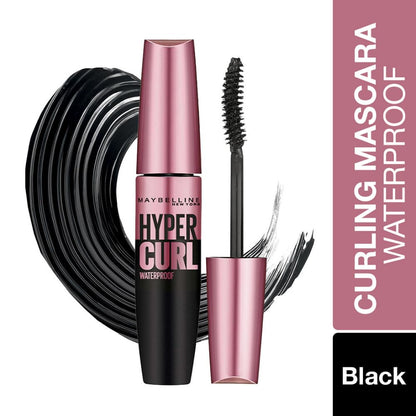 Maybelline Hyper Curl Waterproof mascara with black applicator on a white background