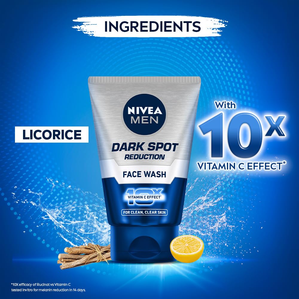 Nivea Men Dark Spot Reduction Face Wash with licorice and vitamin C on a blue background