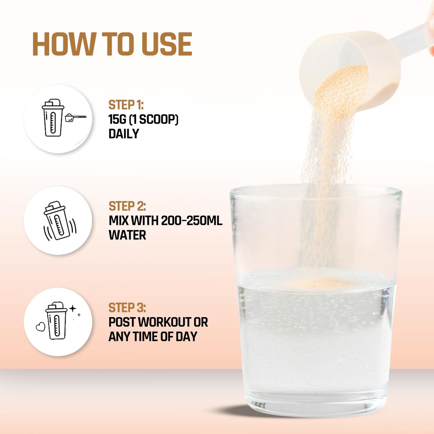 Instructions on how to use a supplement with a glass of water and a scoop of powder.
