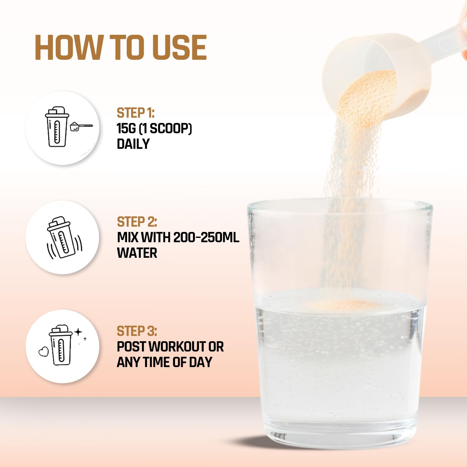 Instructions on how to use a supplement with a glass of water and a scoop of powder.
