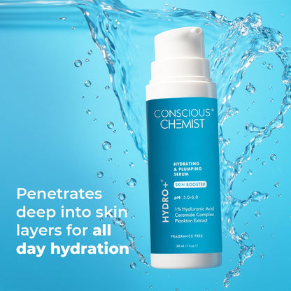 Conscious Chemist skincare serum bottle with water splash on a blue background