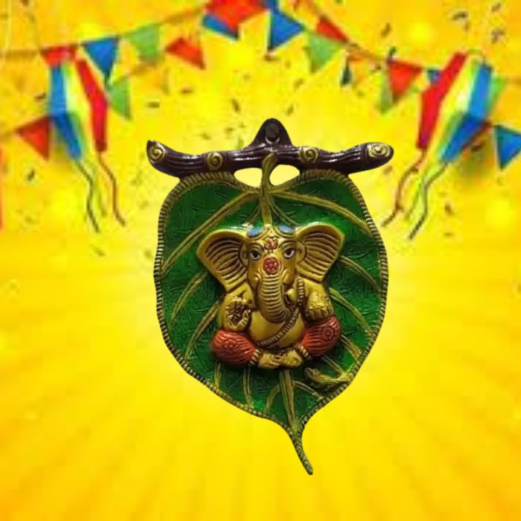 Kalakriti Metal Paan Leaf Ganesh Hanging God Idols for Pooja | Home Decor | Diwali | Festival | Decorative Platter | Showpiece | Wedding | Pack of 2 Green