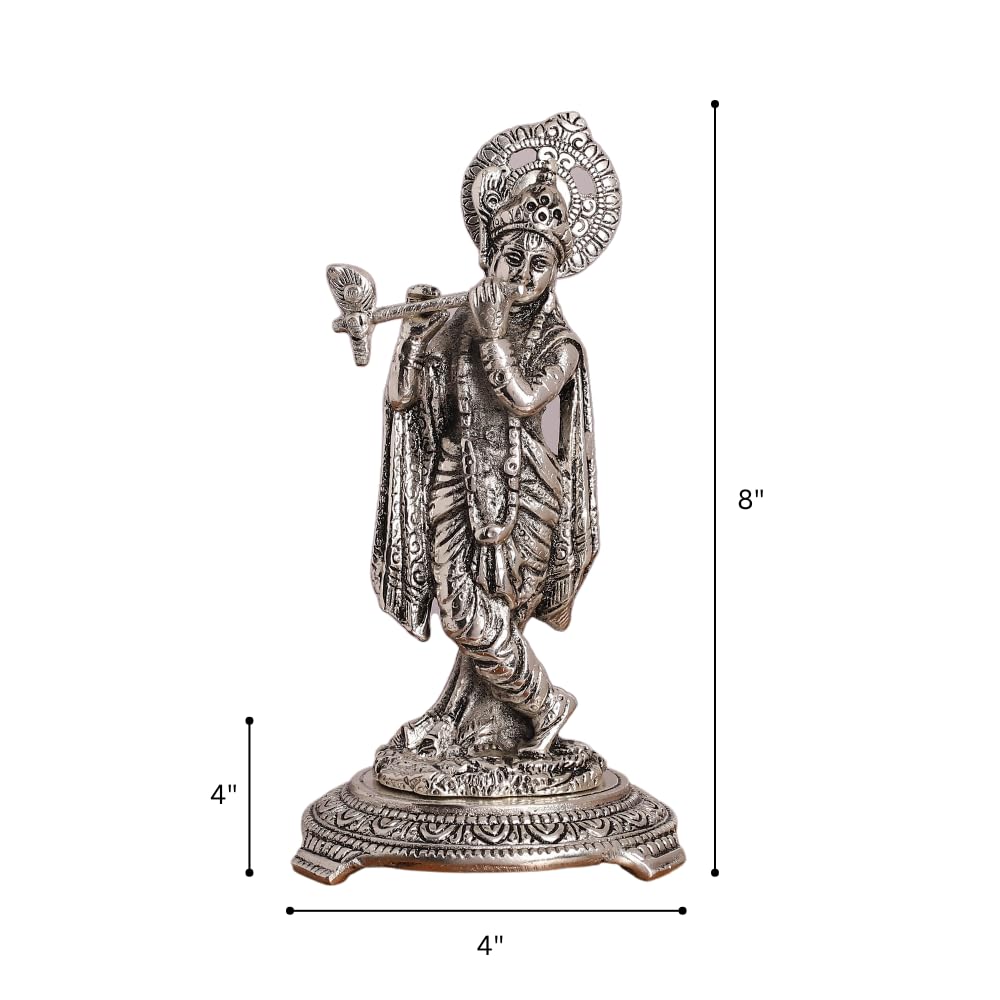 Silver Plated Krishna Playing Flute Idol – Standing Pose Statue for Mandir, Pooja & Home Decor Showpiece