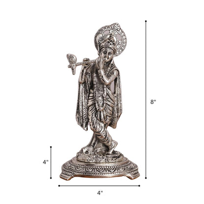 Silver Plated Krishna Playing Flute Idol – Standing Pose Statue for Mandir, Pooja & Home Decor Showpiece