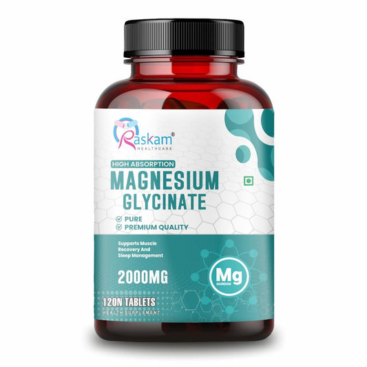 Bottle of Raskam Magnesium Glycinate supplement on a white background