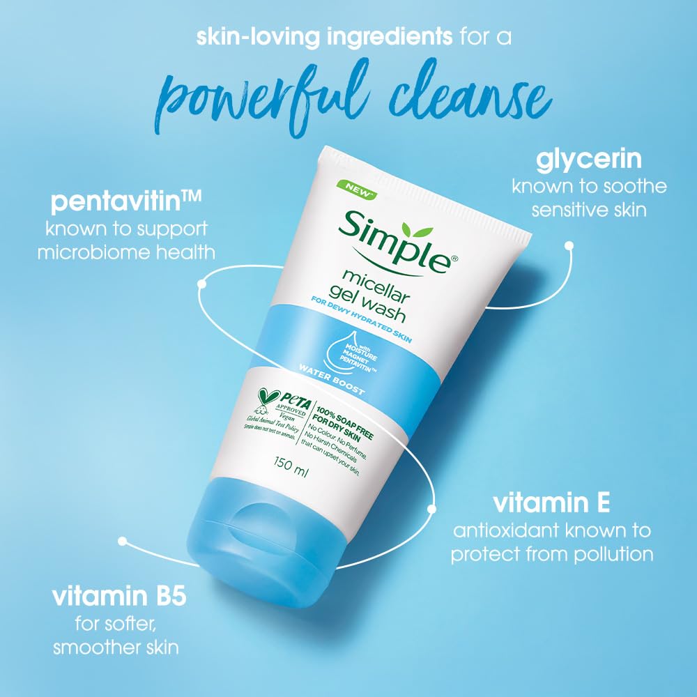 Simple micellar gel wash with skin-loving ingredients on a blue background