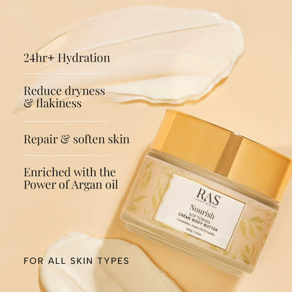 Ras Luxury oils Nourish Softening Creme Body Butter with Argan Oil & Shea Butter | 24 Hour Long Lasting Hydration | Non-Greasy, Quick Absorbing Nourishing Moisturizer For All Skin Type, 100gm