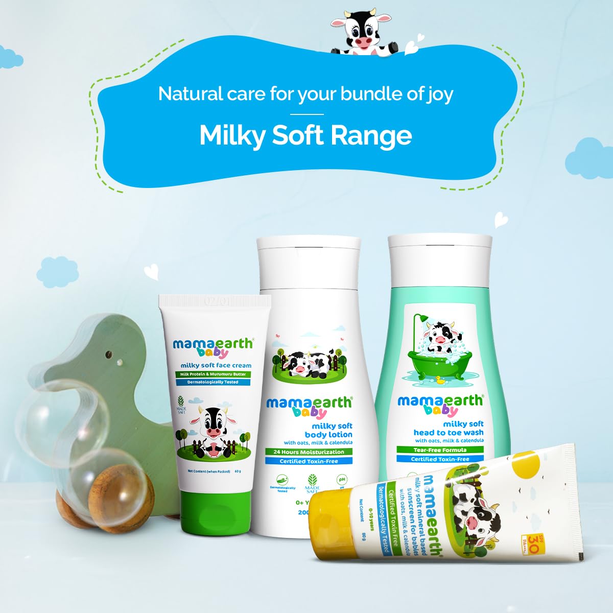 Mamaearth baby care products with a blue cloud background