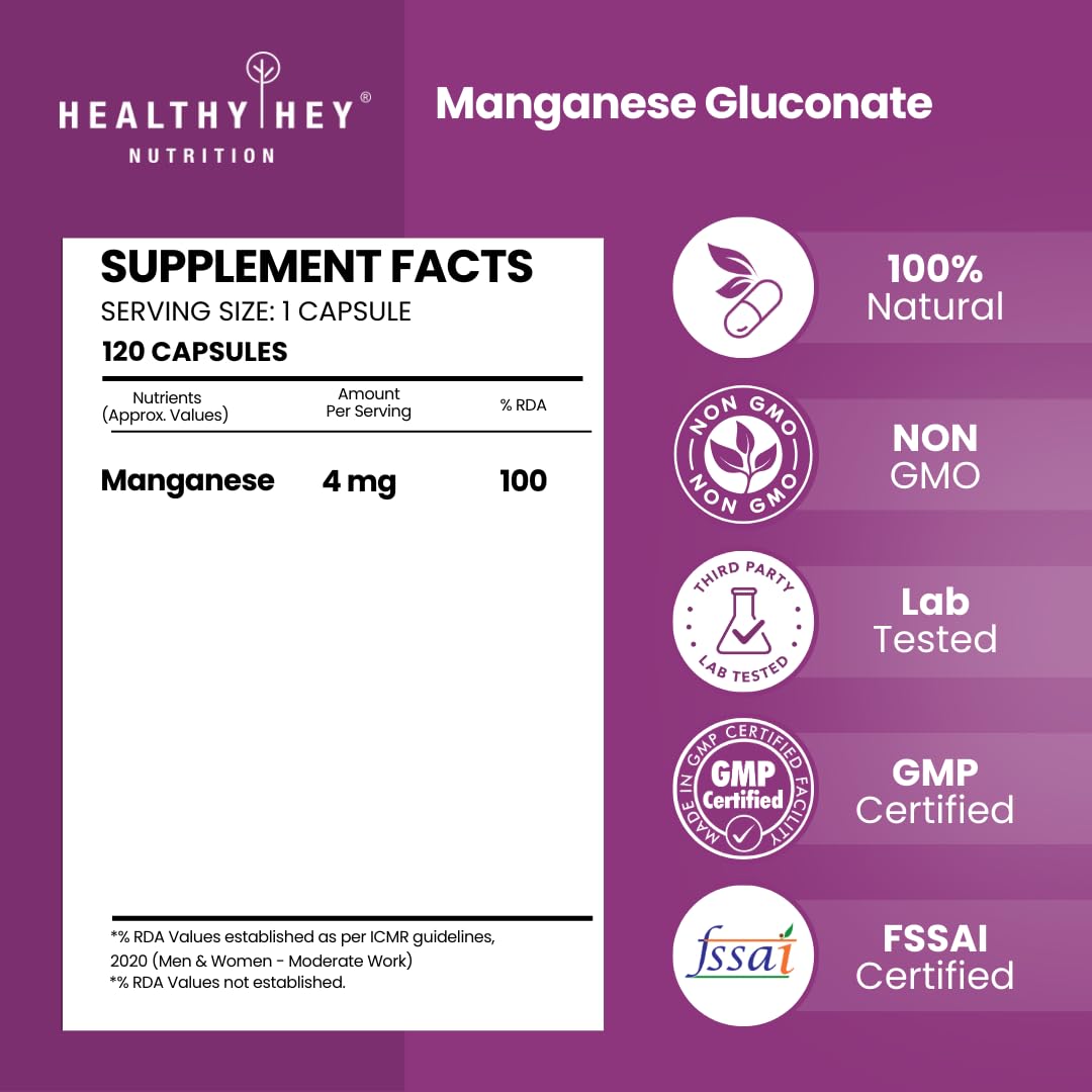 Supplement label for Manganese Gluconate by Healthy Hey Nutrition with certification logos on a purple background.