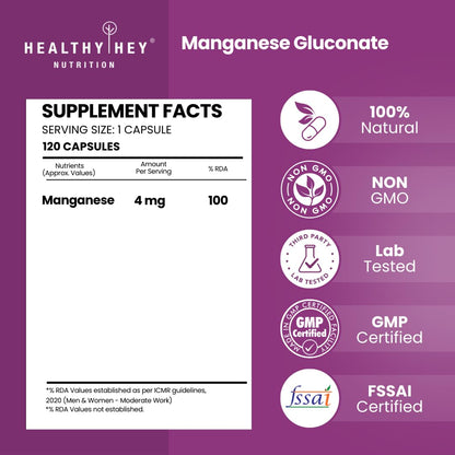 Supplement label for Manganese Gluconate by Healthy Hey Nutrition with certification logos on a purple background.