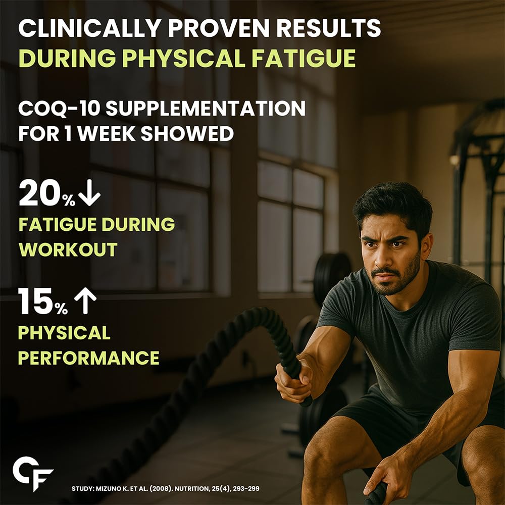 Man exercising with text about COQ-10 supplementation effects on fatigue and physical performance.