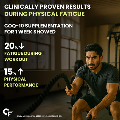 Man exercising with text about COQ-10 supplementation effects on fatigue and physical performance.