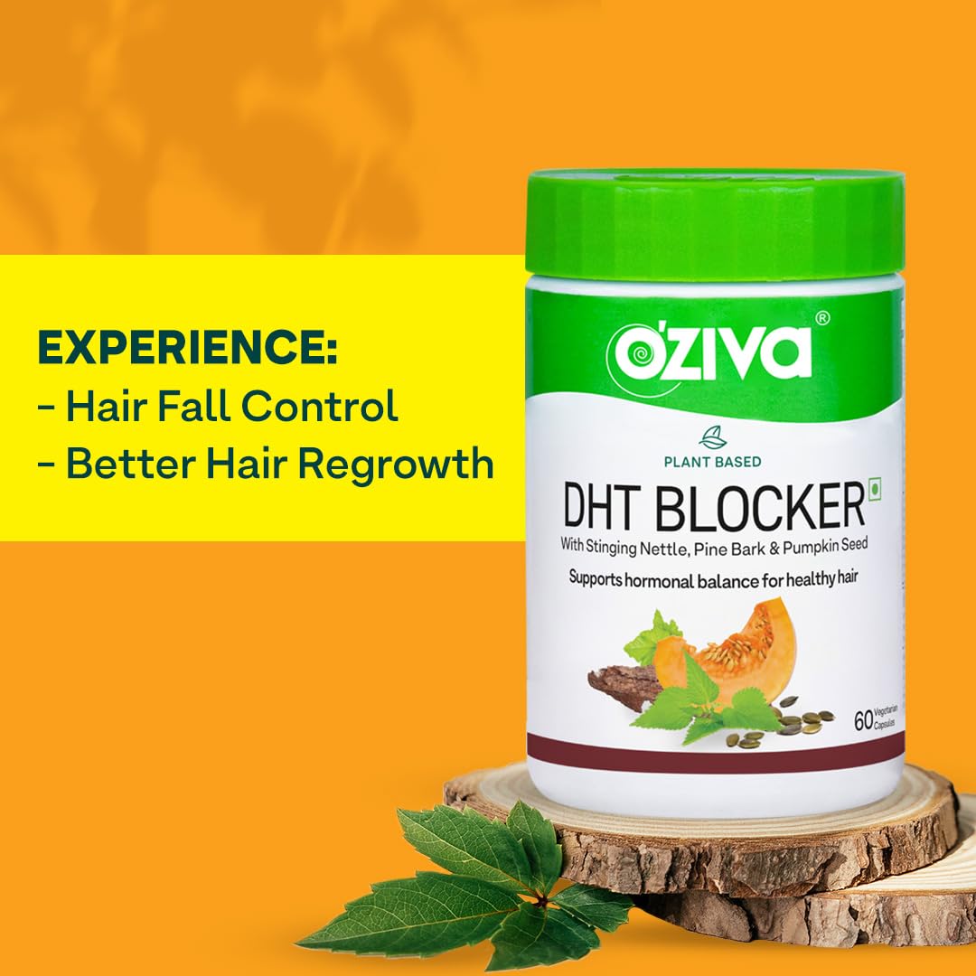 OZiva Plant Based DHT Blocker for Hair Fall Control & Hair Follicle Stimulation|100% Natural DHT Blocker Tablet with Stinging Nettle & Pine Bark|Certified Clean & Vegan|60 Capsules,Pack of 1,100 grams