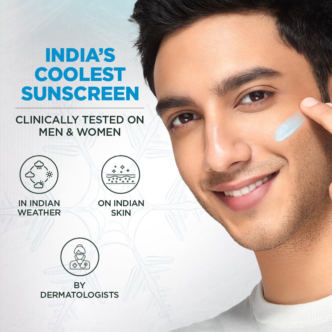Advertisement for 'India's Coolest Sunscreen' with a man applying sunscreen on his face.