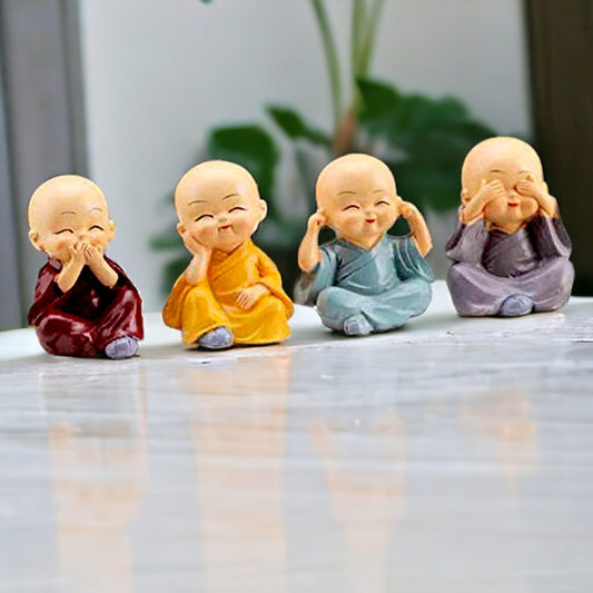 DOOR BIG Cute Mini Buddha Idol Statue for Car Dashboard,Resin Buddha Monk Set of 4 Statue Figurines Showpiece, Decoration Items Buddha for Table Decor Living Room Home,Showpiece, Fantasy(Multi Color)
