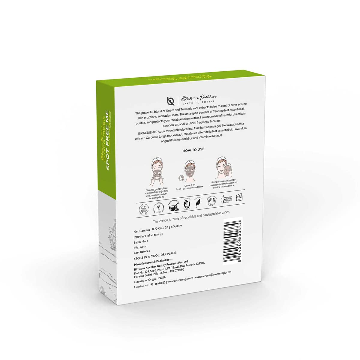 Aroma Magic Spot Free Me Sheet Mask | Controls acne, soothes eruptions, purifies & fades scars with Lavender & tea tree essential oils, neem extracts, vitamin A (retinol) | All Skin | Pack Of 5