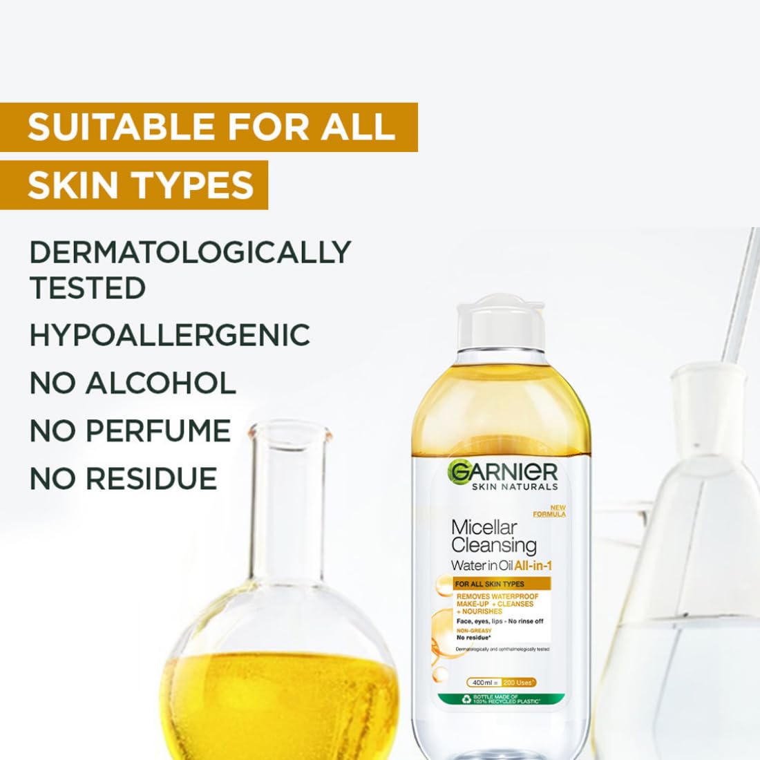 Garnier micellar water bottle with product details on a white background