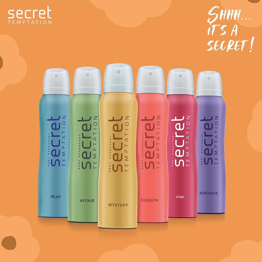 Secret Temptation deodorant bottles in various colors on an orange background with text.