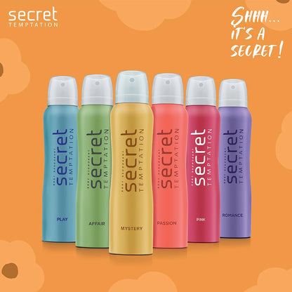 Secret Temptation deodorant bottles in various colors on an orange background with text.