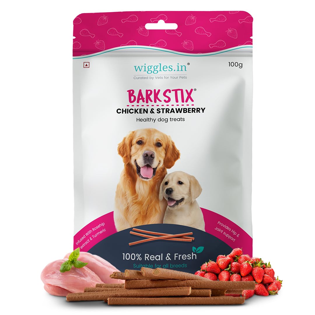 Wiggles Barkstix Dog Treats (Chicken & Strawberry, 100G) | Fresh Chicken Soft Chew Sticks for Training Adult Puppies | Provides Hip and Joint Support with Rosehip Extract and Turmeric | For All Breeds