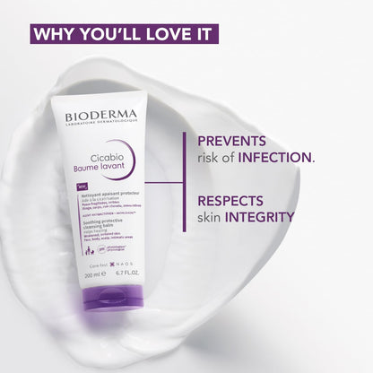 Bioderma Cicabio Báume Lavant tube on a white background with text highlighting benefits
