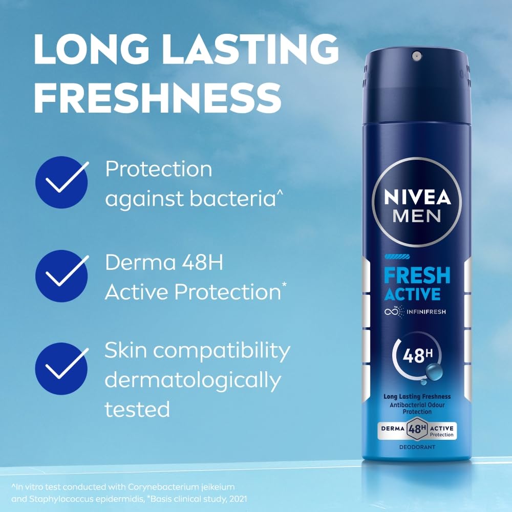 NIVEA Men Fresh Active Deodorant Spray, 48H Odour Protection Daily Freshness, Marine Fresh Fragrance with Lemon & Sandalwood Notes, Long Lasting Freshness, Body Spray & Underarm Deodorant, 150 ml