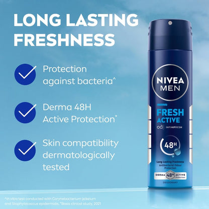 NIVEA Men Fresh Active Deodorant Spray, 48H Odour Protection Daily Freshness, Marine Fresh Fragrance with Lemon & Sandalwood Notes, Long Lasting Freshness, Body Spray & Underarm Deodorant, 150 ml