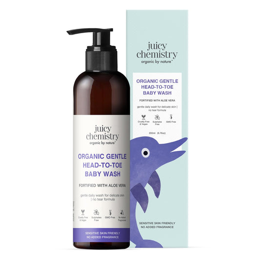 Juicy Chemistry Organic Gentle Head-to-Toe Baby Wash with Aloe Vera, 200ml | Nourishing Cleanser for Babies | Soothes & Clarifies Skin | Gentle Daily Head-to-Toe Wash | No Tear Formula | Sulphate Free | Dermatologically Tested