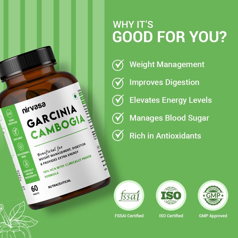 Nirvasa Garcinia Cambogia Tablets (800mg) with Green Tea | 70% HCA Weight Management Suppliment for Men & Women | 60 Tablets