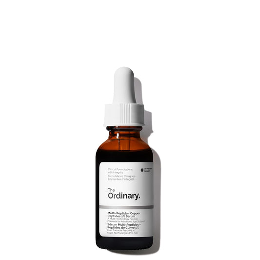 Brown glass dropper bottle with white cap labeled 'The Ordinary' on a white background