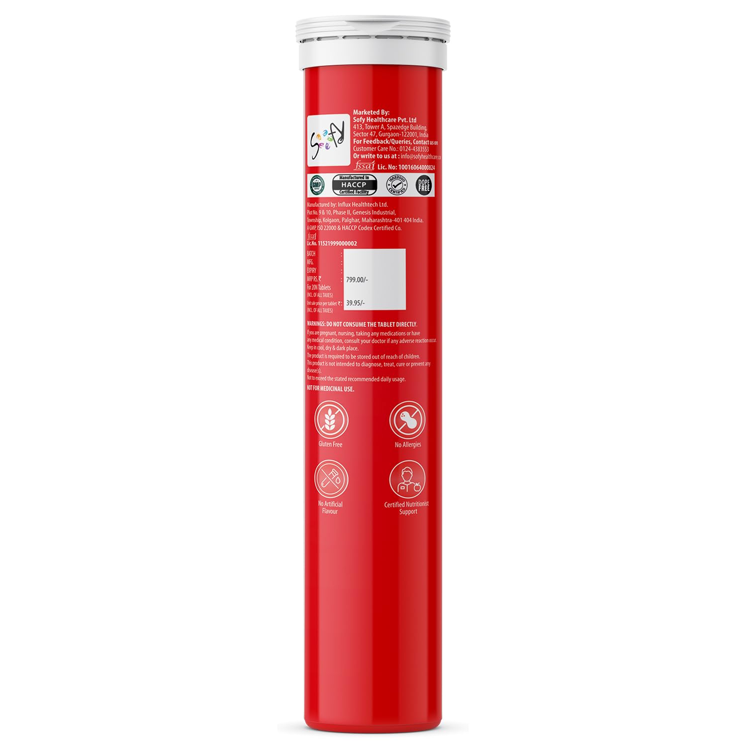 Red supplement tube with white label on a white background