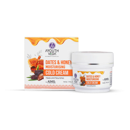 Ayouthveda Dates & Honey Moisturising Cold Cream| Deep Nourishing & Skin Hydrating Moisturizer | Removes Skin Dryness With Fast Observing & Non-Greasy Solution (Pack of 1-50g)