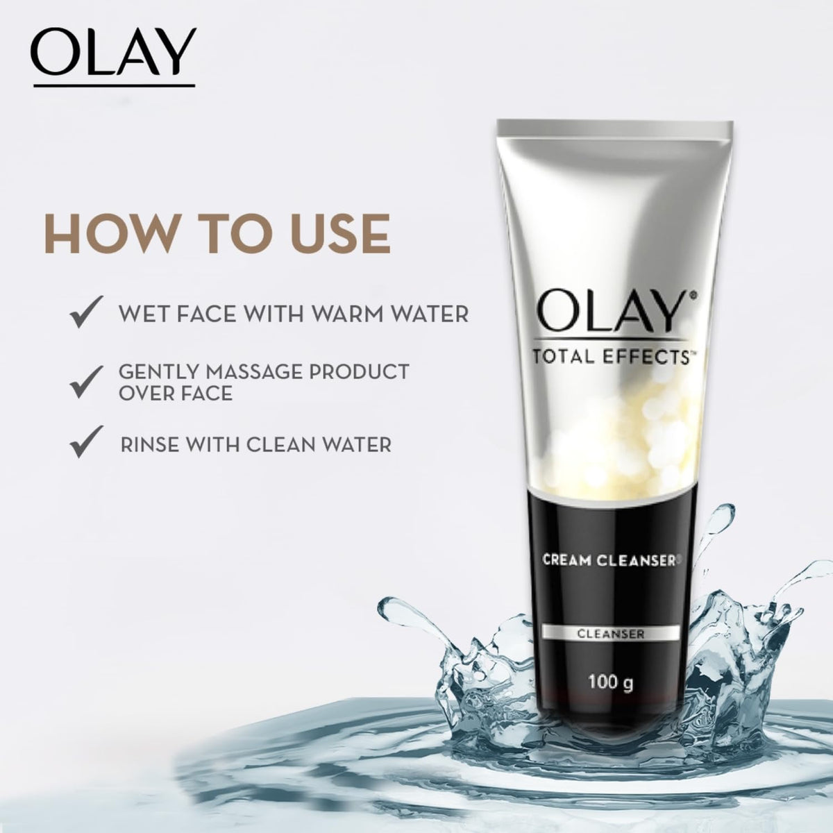 Olay Total Effects Cream Cleanser with usage instructions on a white background