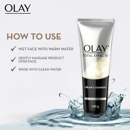 Olay Total Effects Cream Cleanser with usage instructions on a white background