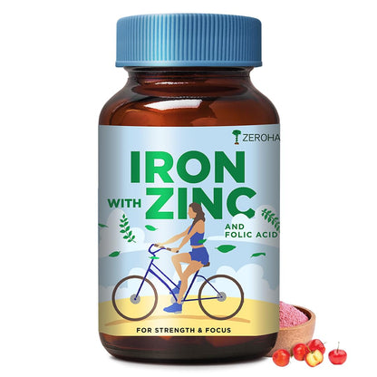 ZEROHARM Iron, Zinc, Folic Acid & Vitamin B12 Tablets | Curry Leaves, Guava, Acerola Cherry | Boosts Hemoglobin Levels | Antioxidant & Immunity Support | Iron Supplement for Men, Women | 60 Tablets