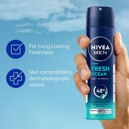 NIVEA Men Fresh Ocean Deodorant Spray, 150ml | 48 H Active Odour Protection | Fresh Long Lasting Deo for men | Fights Odour causing bacteria | Aqua and Sandalwood | 150ml