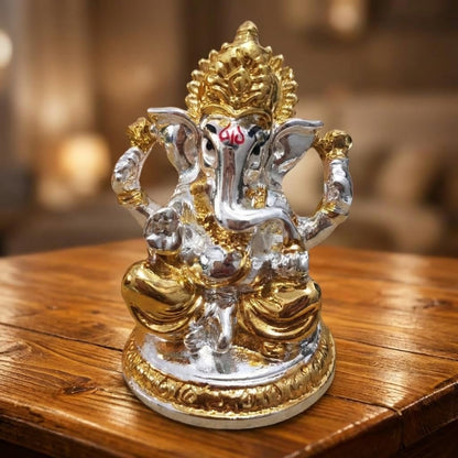 Gold Plated Ganesh Idol | Ganpati Murti for Car Dashboard, Office Desk, Hindu God Gift & Home Decor - Resin (Silver - 2.5 in)