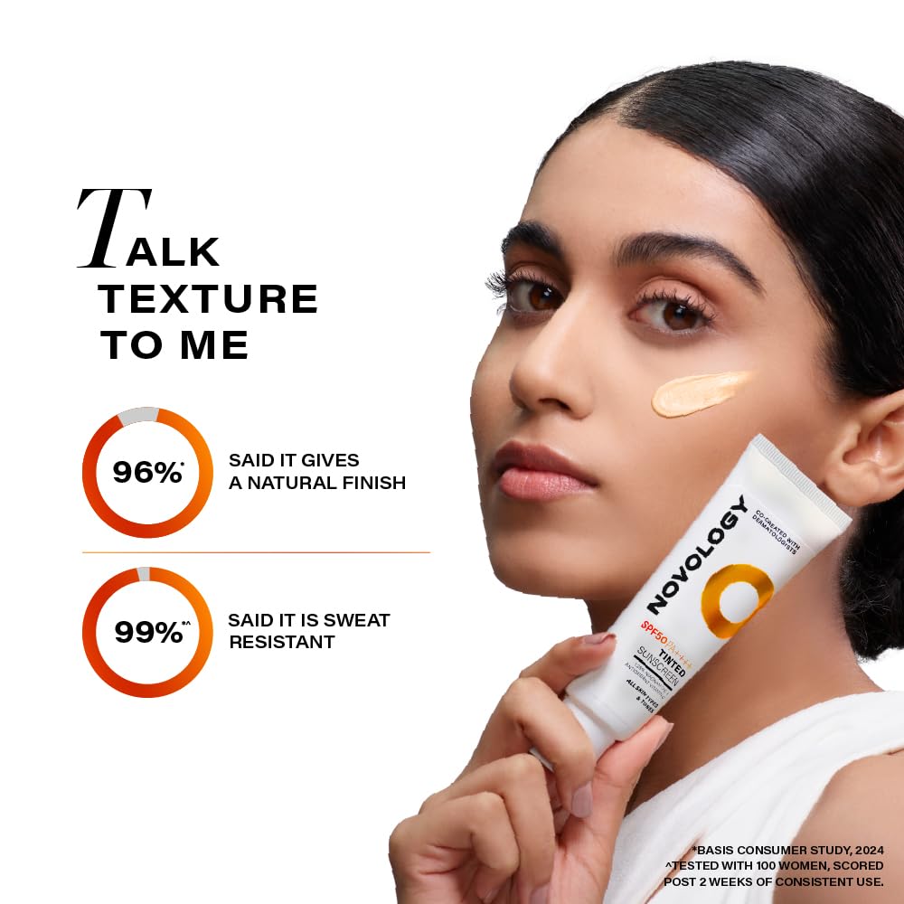 Woman holding a Novology product with text about texture and finish