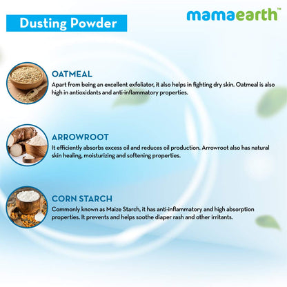 Mamaearth Dusting Power For Babies - 300 g | Infused with Organic Oatmeal and Arrowroot Powder | Calms and Relaxes Skin, Prevents Diaper Rash, Dermatologically Tested, Free From Talc and Parabens