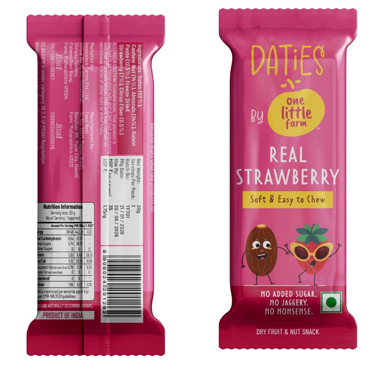 Daties by One Little Farm - Combo Pack Date Bites | Made with Dates, Cashew & Almond | Clean-Label Healthy Snack for Kids | Soft and Easy to Chew | No Added Sugar or Jaggery | 20g Each (Pack of 8)