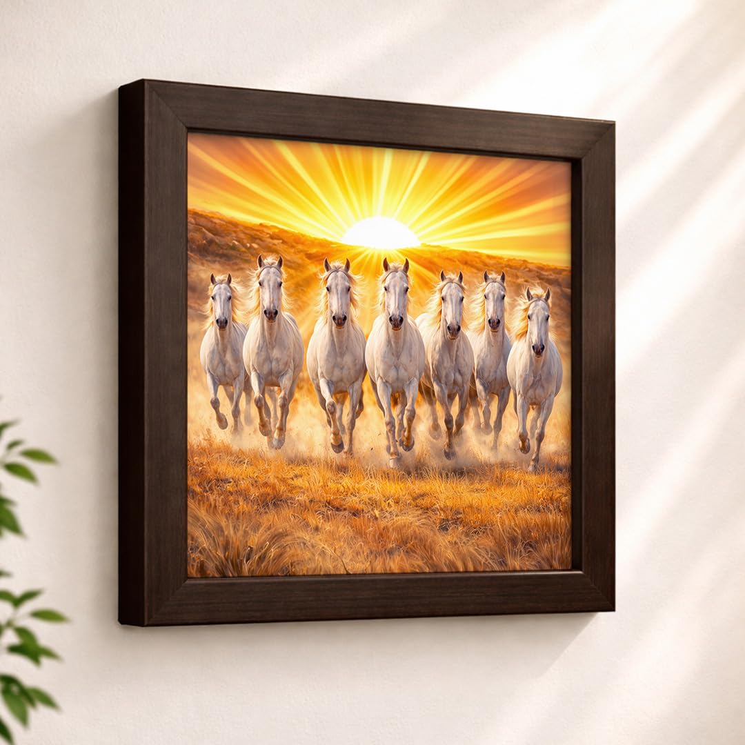 Seven White Horses Rising Sunrise Vastu Success Prosperity Energy Spiritual Running Framed Poster Decor Painting