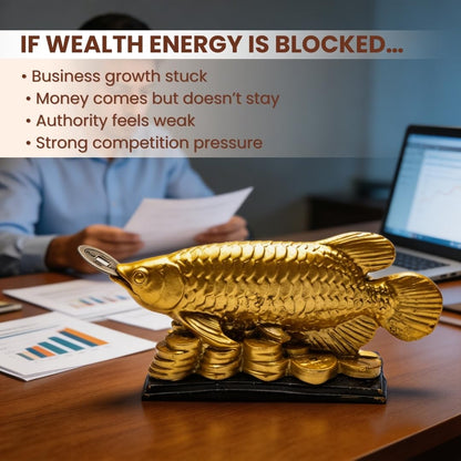 Plus Value Feng Shui Golden Arowana Fish Statue Showpiece with Coin in Mouth Wealth Symbol, Protects Mishaps, Troubles Vastu Products Home & Office Decor Decoration Gifting (Fiber)