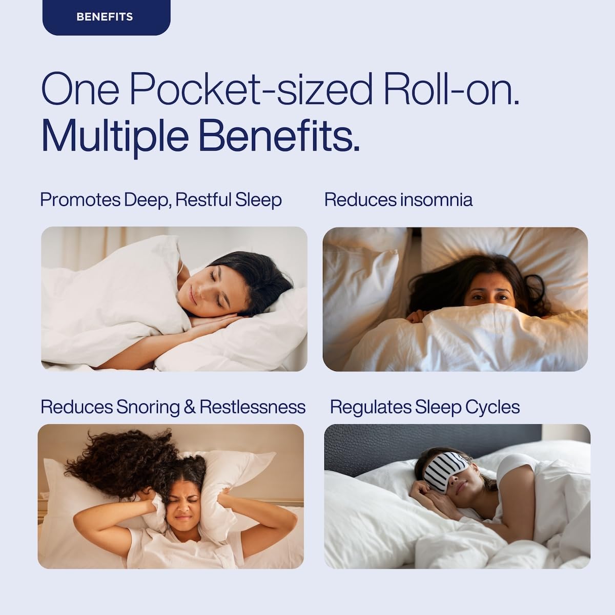 Advertisement for a pocket-sized roll-on product with benefits listed and images of people sleeping.